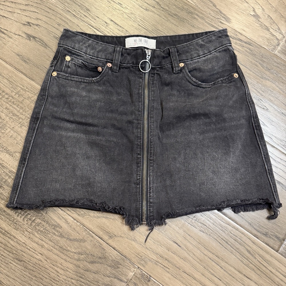 We the Free People Black Denim Skirt Size 25 Womens Denim Zip Front Distressed